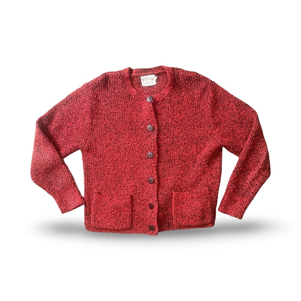 Vintage Beldoch Popper Red Marled Boucle Knit Button Front Cardigan Sweater M